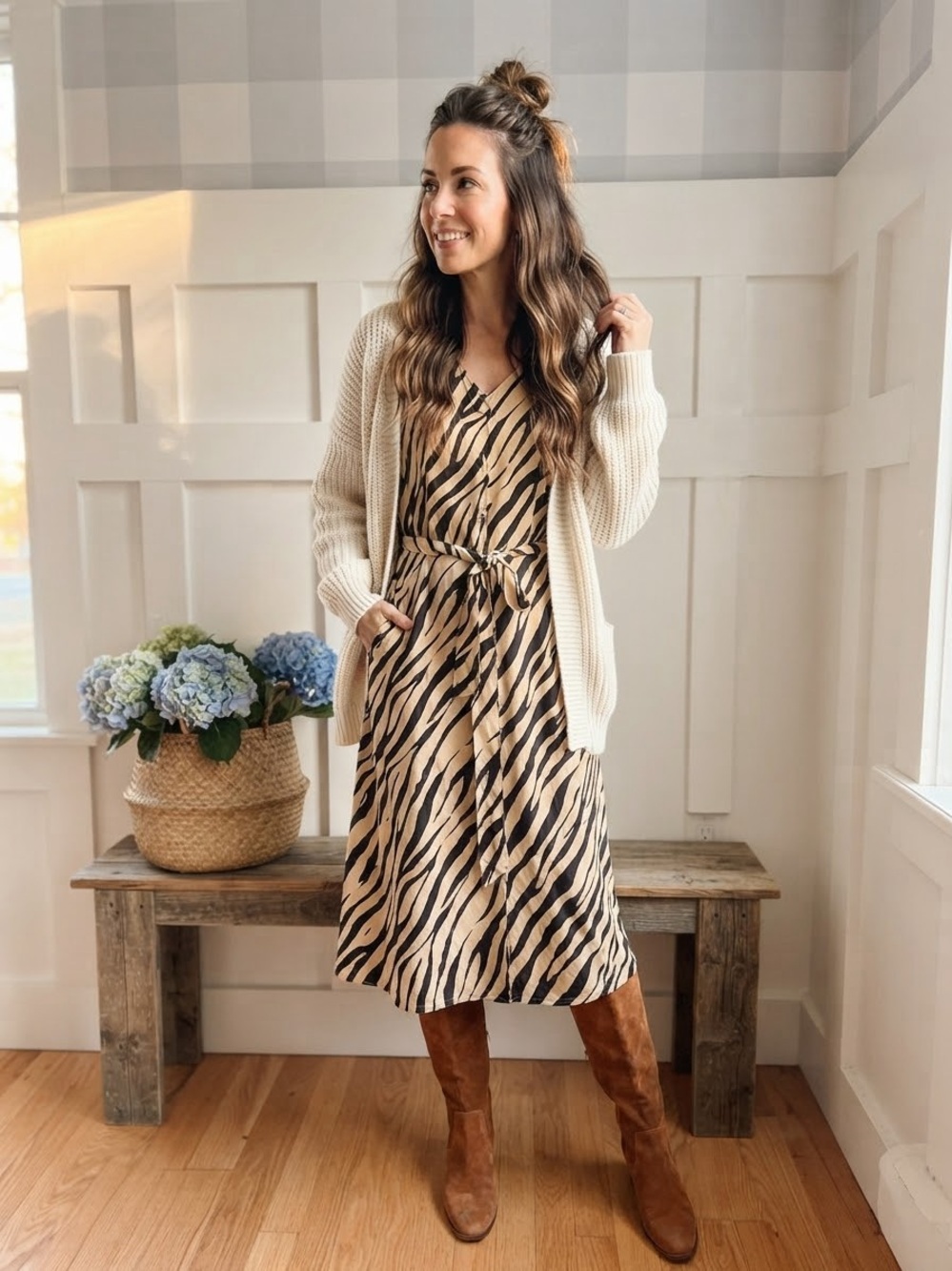 Talbots Beige and Black Zebra-Print V-Neck Midi Dress with Tie Waist 8